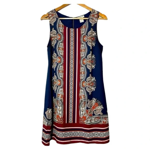 Artisan NY Womens Navy Burgundy Paisley Border Print Sleeveless Shift Dress 6 - Picture 3 of 10